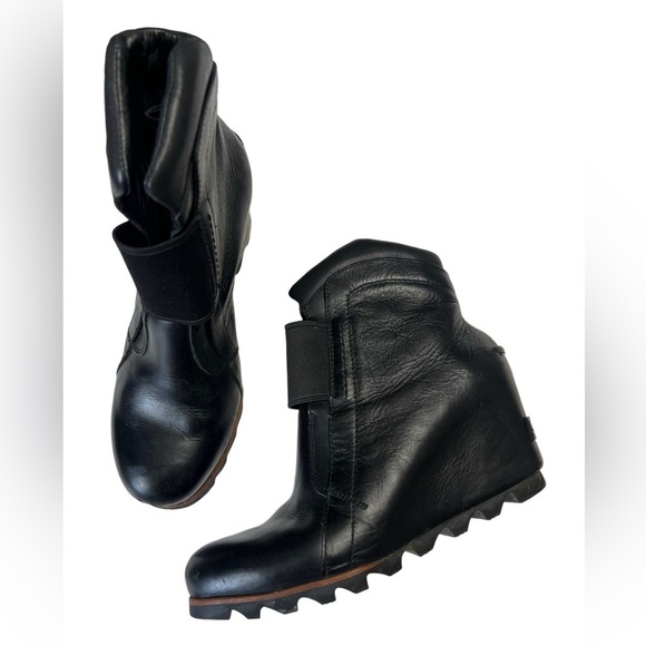 Sorel Fiona Wedge Black Leather Ankle Booties Chunky Heel Size 7.5 - Picture 6 of 7